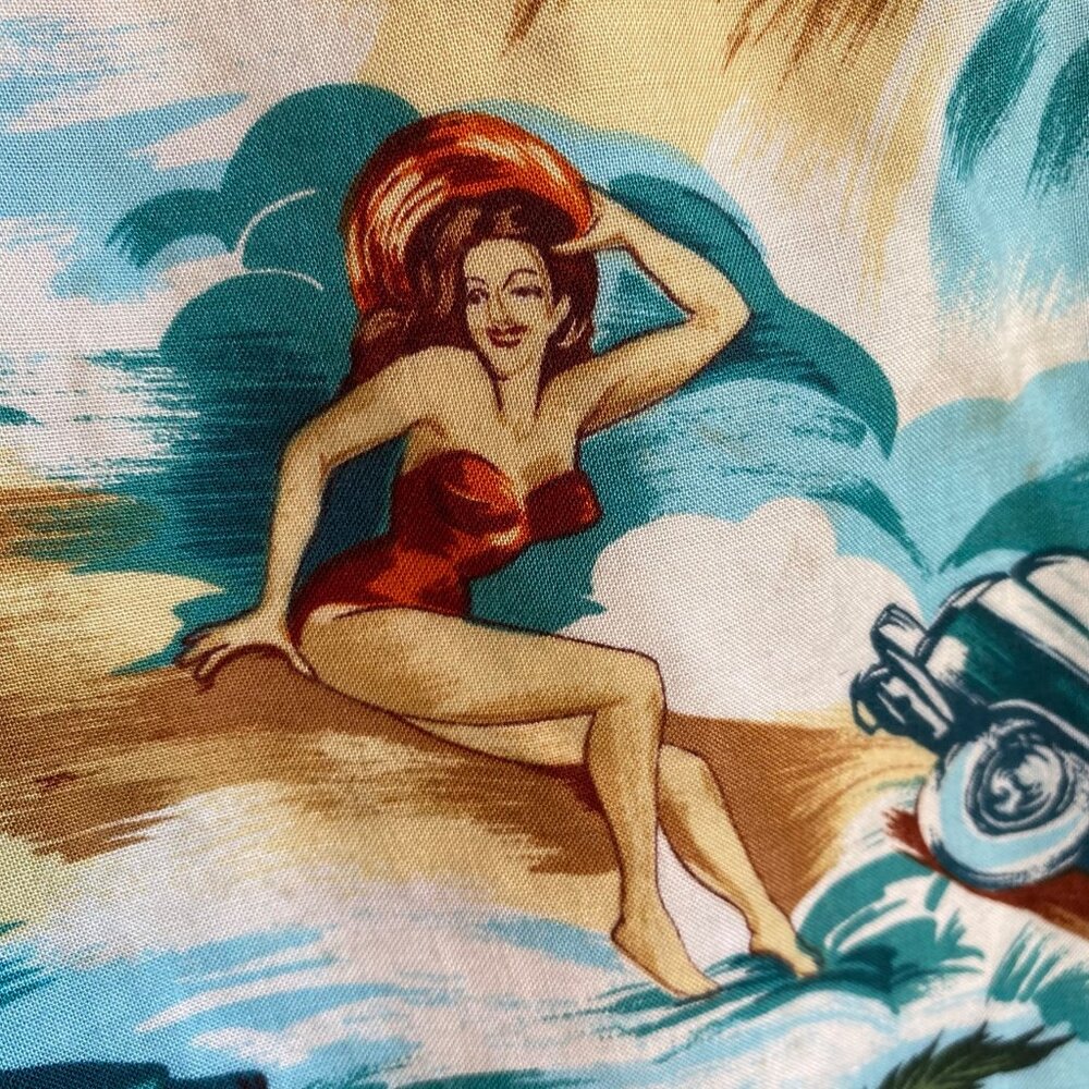 Marc Edwards Men’s Hawaiian Camp Shirt size XL Cars Convertible Pin Up Girl - Picture 3 of 14
